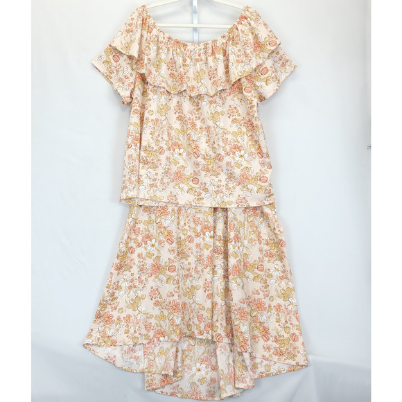 Cato High Low 2 Pcs Dress Ruffle Top Women 22 / 24 Peach Floral Boho Beachy - Picture 2 of 14